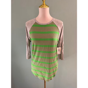 Women's LuLaRoe Randy Top Size S Green & Gray Striped 3/4 Sleeve